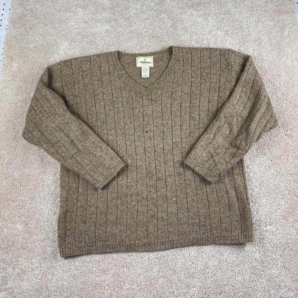 Express Tricot Mens Vintage Brown Shetland Wool V-Neck Ribbed‎ Sweater Large